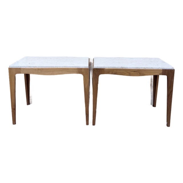 Vintage Rhythm Mid-Century Walnut & Marble Side Tables, Pair For Sale