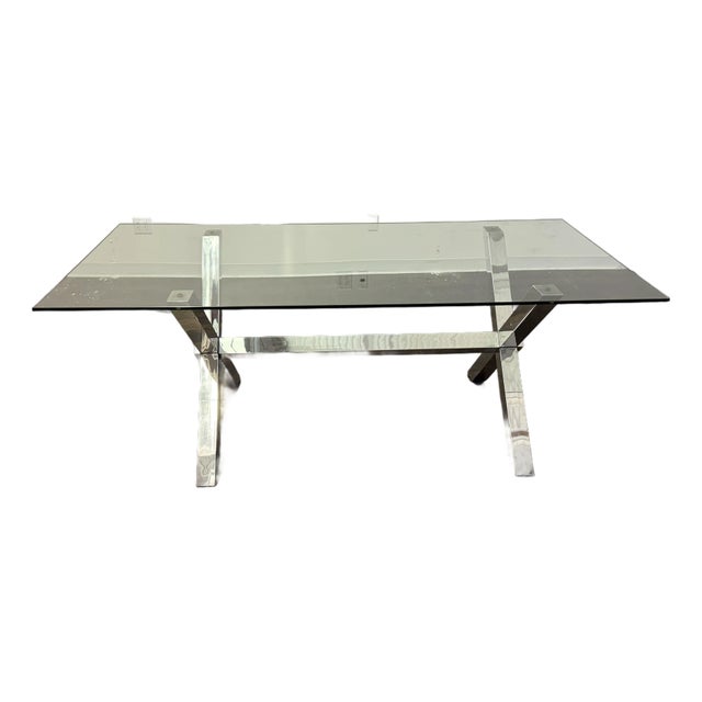 Chrome X-Base Dining Table With Tempered Glass Top For Sale