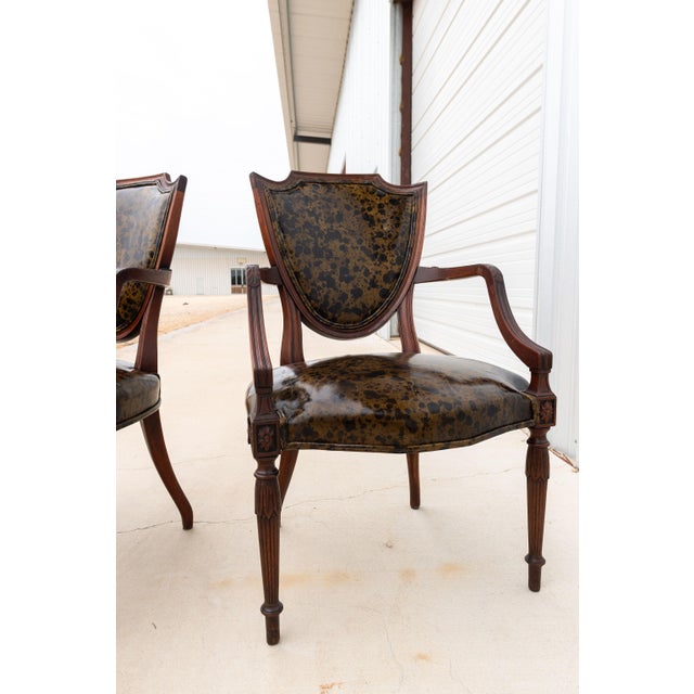 Early 20th Century Federal Style Shield Back Chairs With Faux Tortoise Leather Seats, Pair For Sale - Image 10 of 13
