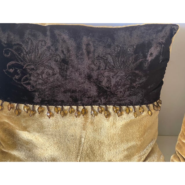 Shabby Chic Cute Pair Small Velvet Lumbar Pillows With Beaded Fringes For Sale - Image 3 of 3