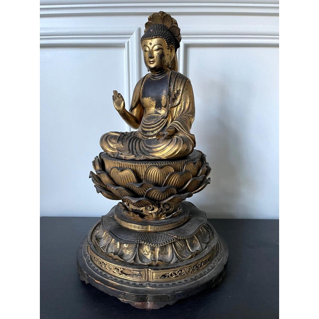 Japanese Antique Gilt Wood Amitabha Buddha on Loctus Throne Statue For Sale - Image 4 of 17