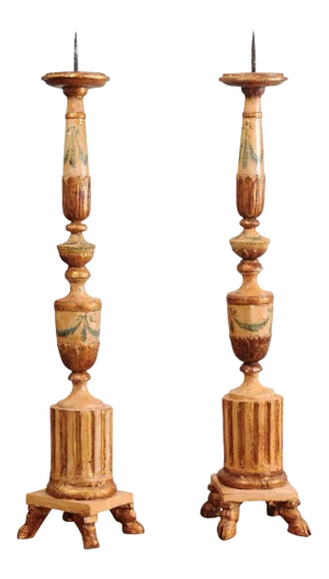 18th Century Neoclassical Painted & Gilded Candlesticks with Hoof Feet - a Pair
