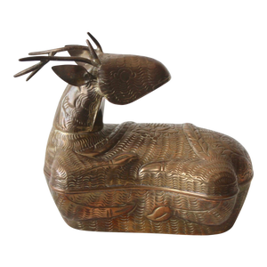 Vintage Cambodian Style Brass Deer Antelope Betel Box Trinket Container With Lid