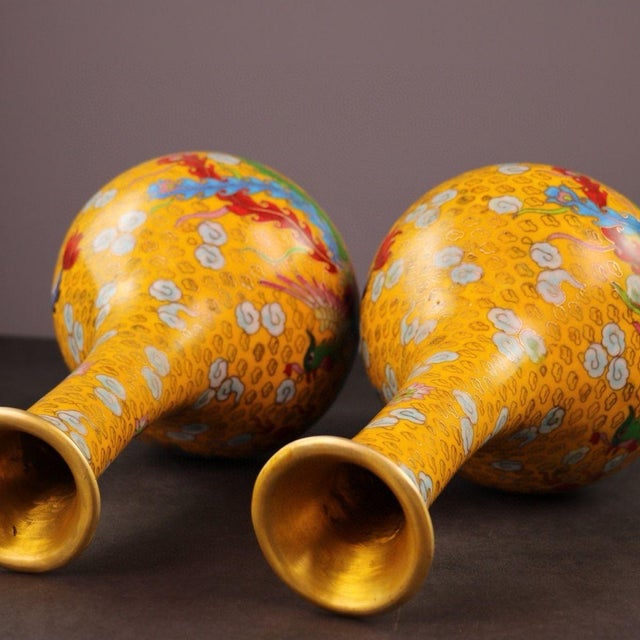 Pair of Vintage Chinese Cloisonné "Dragon & Phoenix" Vases - 3750g For Sale In Los Angeles - Image 6 of 9