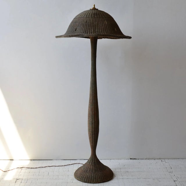 Antique Large-Scale Painted Wicker Mushroom Style Floor Lamp, Circa 1910s-20s. Monumental woven wicker floor lamp with a...