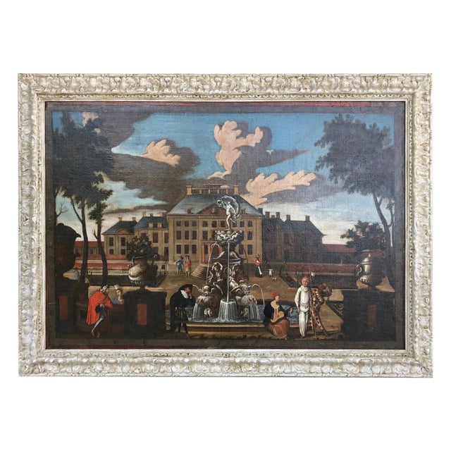 A fine and beautiful mid 17th century oil on canvas depicting an important palace courtyard with figures. The palace...