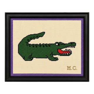 Vintage Framed Preppy Alligator Needlepoint Needlework Wall Art Decor For Sale