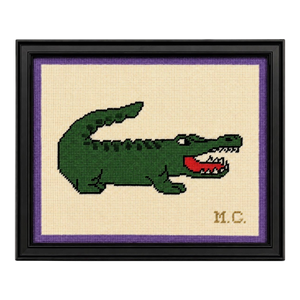 Vintage Framed Preppy Alligator Needlepoint Needlework Wall Art Decor