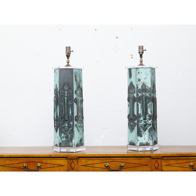 French 19th Century French Copper Table Lamps with Verdigris Patina - Pair For Sale - Image 3 of 10