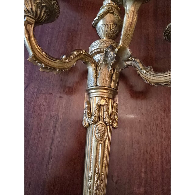 Bronze Antique Large Pair of Louis Xv Style Gilt Bronze Sconces For Sale - Image 8 of 10
