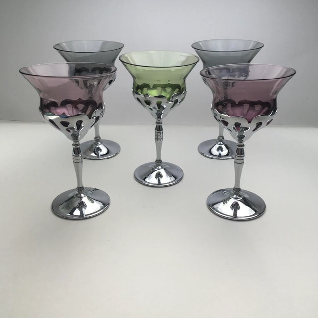 Mid 20th Century Vintage Multicolored Chrome Scrollwork Wine Glasses- Set of 5 For Sale - Image 5 of 13