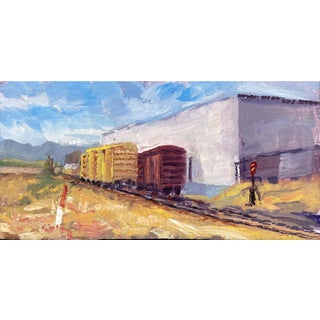 Trackside 2 by Delton Demarest | Oil on Board Painting of train cars near a building For Sale