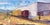 Trackside 2 by Delton Demarest | Oil on Board Painting of train cars near a building For Sale