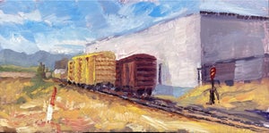 Trackside 2 by Delton Demarest | Oil on Board Painting of train cars near a building