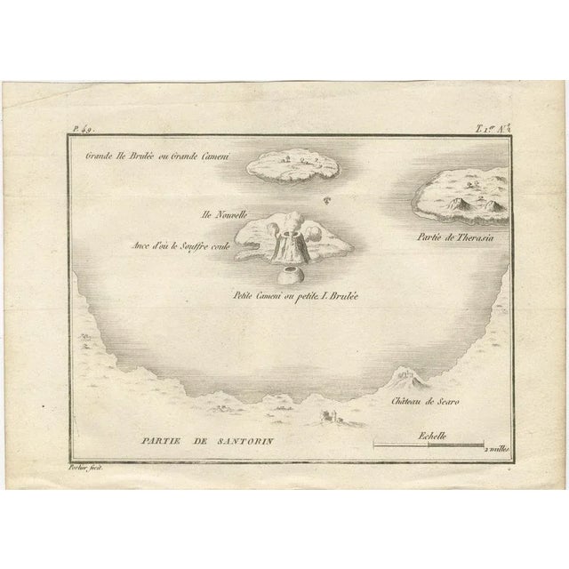 This antique French engraving presents a detailed view of the volcanic islands at the center of the Santorini caldera in...