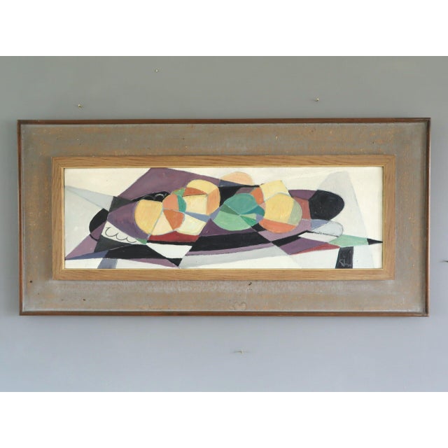 GEOMETRIC HARVEST Size: 13.8 x 28.5 inches (including frame) Oil on canvas A striking modernist still life that presents a...