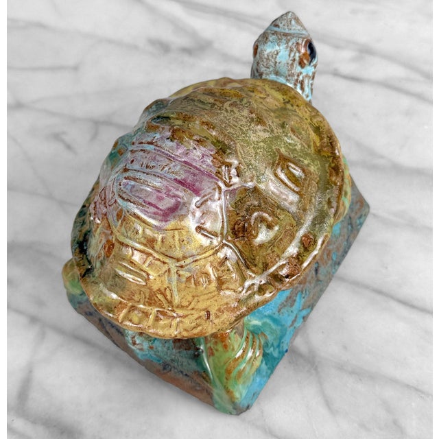 Vintage 1970s Stoneware Drip Glazed Turtle Garden Sculpture For Sale - Image 9 of 11