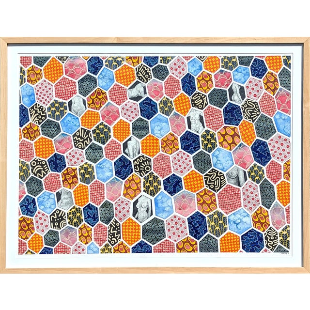 Tina Ruyi "The Quilt" Abstract Colorful Geometric Pattern with Nude Figures Watercolor, 2023 For Sale
