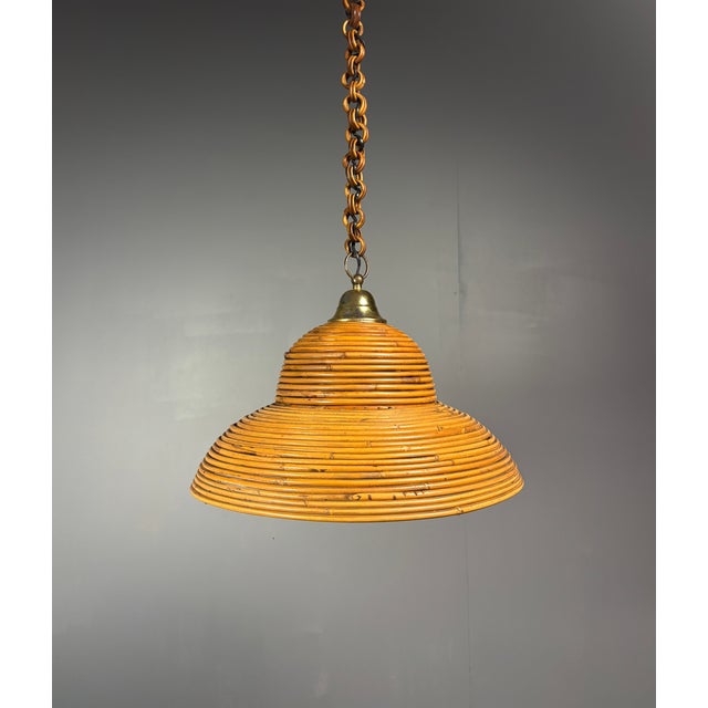 Tan Mid-Century Italian Pencil Reed Rattan Bamboo and Brass Pendant Lamp, 1970s For Sale - Image 8 of 17
