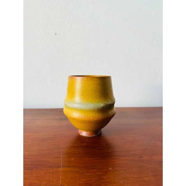 Contemporary Signed Mustard Yellow and Robins Egg Blue Studio Pottery Vessel For Sale - Image 3 of 8