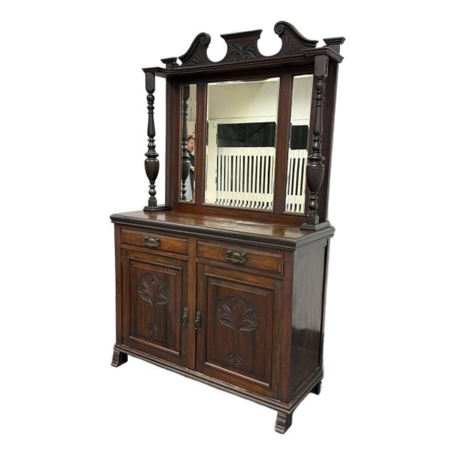Victorian Carved Mahogany Triple Mirror Sideboard, Antique For Sale