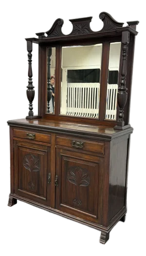 Victorian Carved Mahogany Triple Mirror Sideboard, Antique