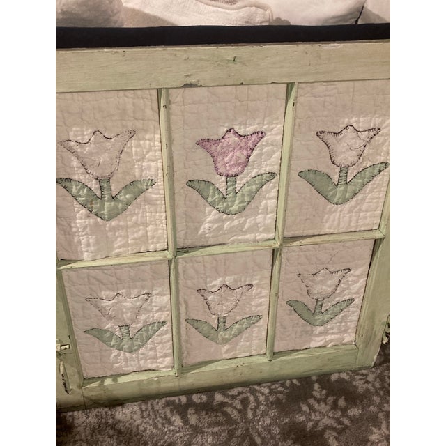 Green American Quilt in Adorable Quilt Craft and Window frame.1920-30 Quilt Put Into Older Window Frame for a Fun Room Decor. Shabby Chic Look. For Sale - Image 8 of 9
