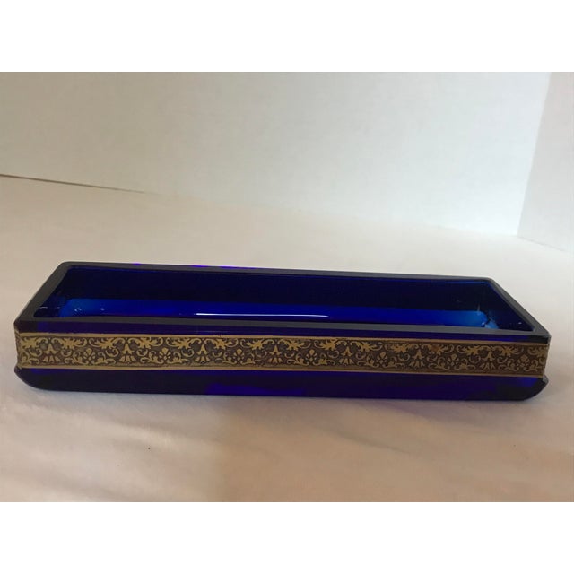 Glass Antique Moser Karlsbad Cobalt Blue Rectangle Dish Etched Gilded Band Signed For Sale - Image 7 of 12