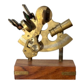 Antique Brass Nautical Sextant on Hardwood Display Stand, Maritime Instrument For Sale