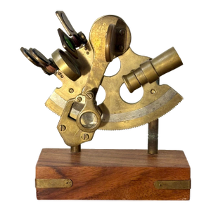 Antique Brass Nautical Sextant on Hardwood Display Stand, Maritime Instrument