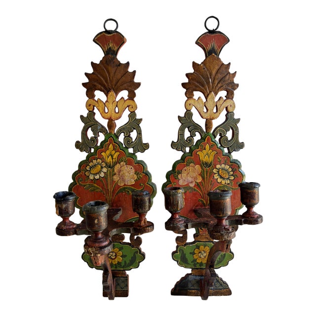 Antique European Hand Painted Wood Folk Art Candle Sconces- a Pair For Sale