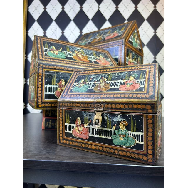 Trio Indian Hand-Painted Nesting Wooden Boxes - Mid 20th Century Set of 3 For Sale - Image 12 of 16