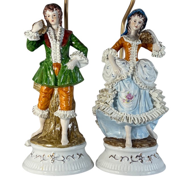 Rococo Vintage Porcelain Figural Lamp Young Man & Woman- A Pair For Sale - Image 3 of 16