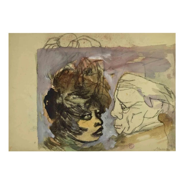 Mino Maccari, The Old and the Young, Charcoal & Watercolor, Mid-20th Century For Sale