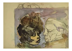 Mino Maccari, The Old and the Young, Charcoal & Watercolor, Mid-20th Century