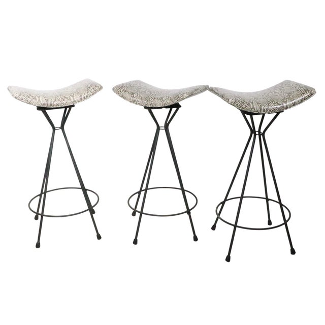 Set of Three Mid 20th Century Swivel Bar Stools in New Faux Python Vinyl Upholstery For Sale - Image 4 of 18