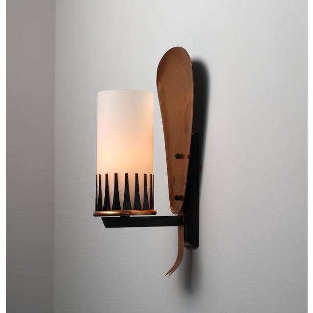 Italian Bronze and Black-Lacquered Steel Wall Sconce with Opaline Glass, 1950s For Sale - Image 6 of 9