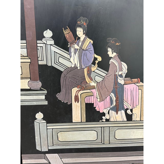 Black Chinese Coromandel Imperial Palace Courtyard Scene Six-Panel Screen For Sale - Image 8 of 12