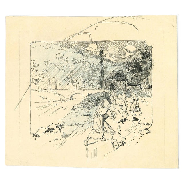 Georges Conrad, Farmers in the Landscape, Pen and Pastel, Early 20th-Century For Sale