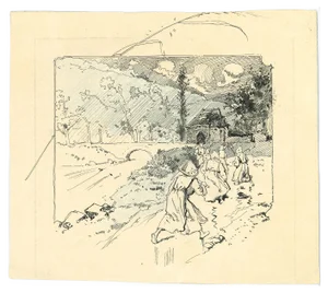 Georges Conrad, Farmers in the Landscape, Pen and Pastel, Early 20th-Century