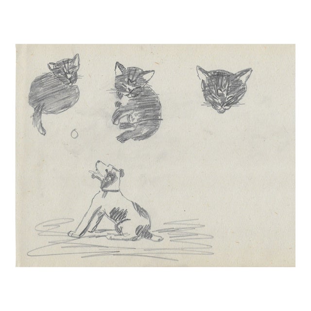 1943 William Wood Dog and Kitten Drawing For Sale
