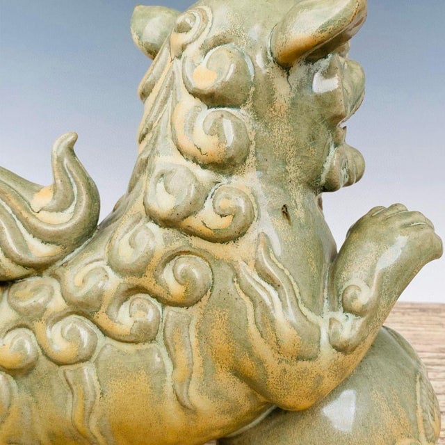 Ceramic Pair of Antique Celadon Glazed Guardian Lions – 9.8" Foo Dogs With Brocade Balls For Sale - Image 7 of 9