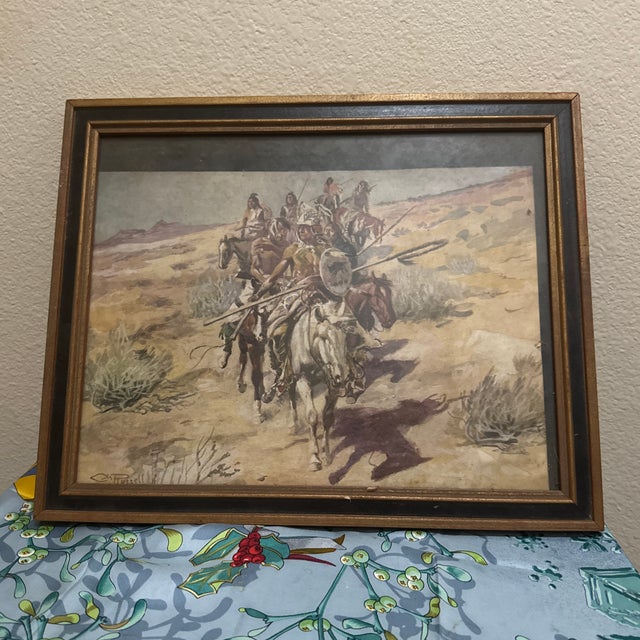 Wood Vintage Framed Western Narrative Print - Plains Indians Warriors on Horseback For Sale - Image 7 of 9