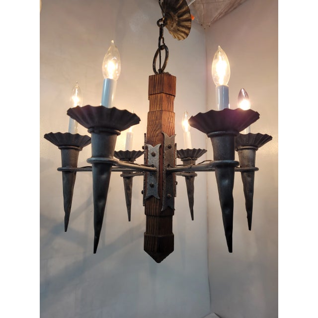 1920s Spanish Revival 6-Light Iron & Wood Chandelier Gothic Arts & Crafts Rustic Castlecore Light For Sale - Image 5 of 15