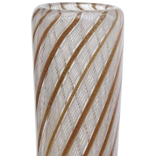 Mid-Century Modern Vintage Fratelli Toso Murano White Copper Aventurine Ribbons Italian Art Glass Soliflore Flower Vase For Sale - Image 3 of 7