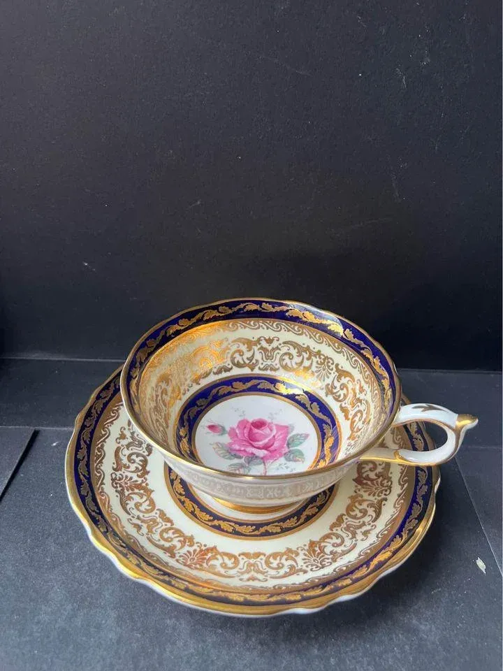 1950s Paragon Tea Cup & Saucer Cobalt Blue & Floral Gold Gilt