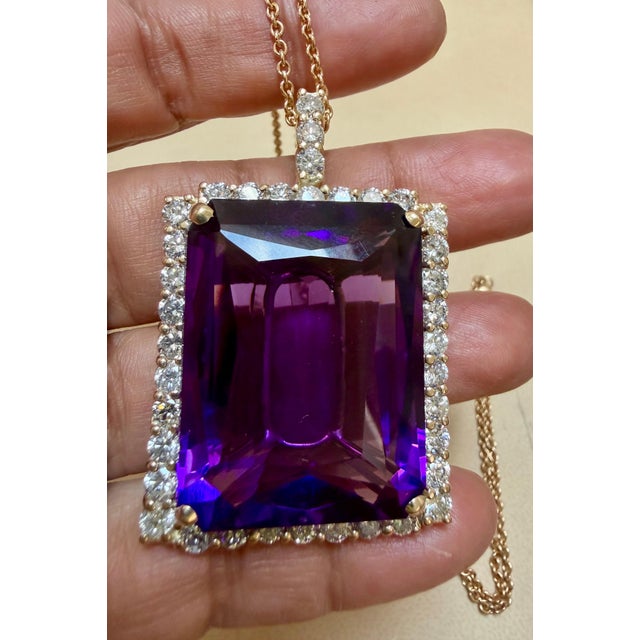 Metal 102 Ct Emerald Cut Amethyst & 5.5 Ct Diamond Pendant Necklace 14ky Gold + Chain For Sale - Image 7 of 8