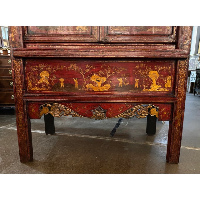 Large Chinoiserie Red Lacquered Cabinet or Armoire With Gilt Accents For Sale In Austin - Image 6 of 12