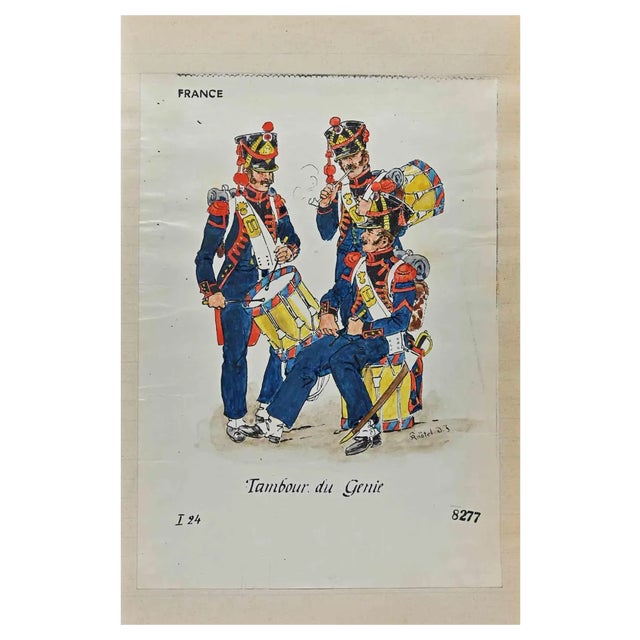 Herbert Knotel, Tambour Du Genie (French Army), Original Ink & Watercolor Drawing, 1940s For Sale