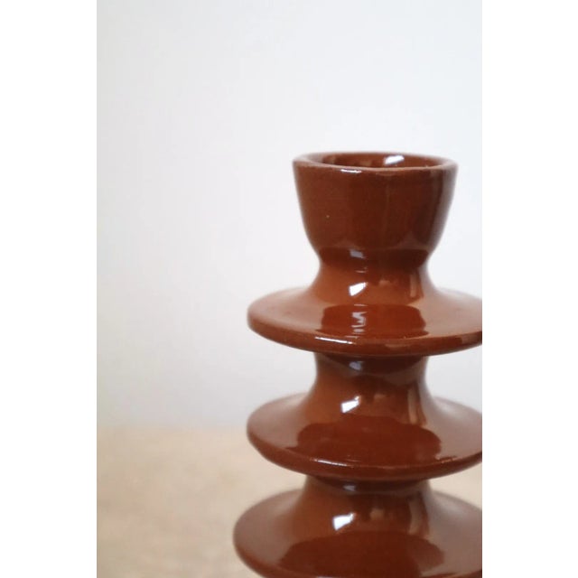 2020s Pair of Modern Handmade Brown Ceramic Candle Holders For Sale - Image 5 of 5